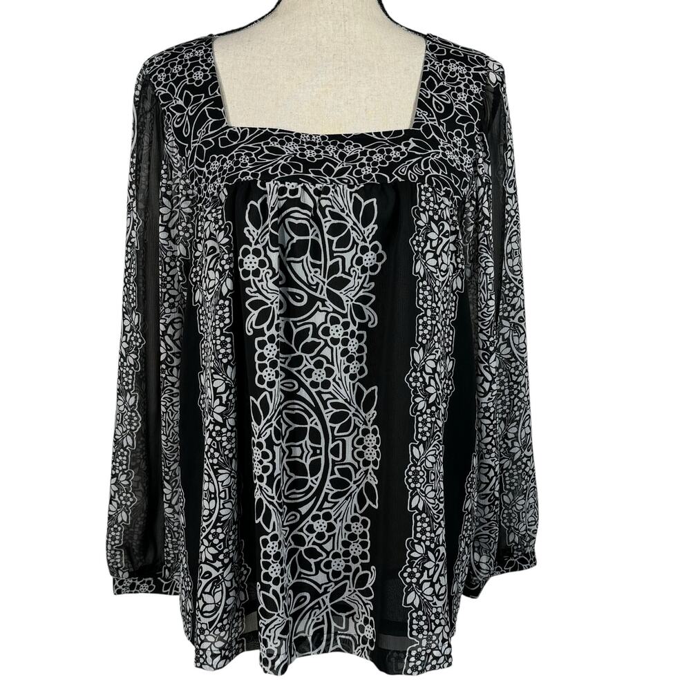 APT 9 Large Trapeze Top Floral Square Neck Long Balloon Sleeves Lined Black New